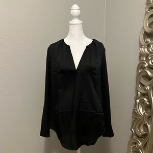 H by Halston Black Satin Feel Split Neck Pullover Shirt Size Small